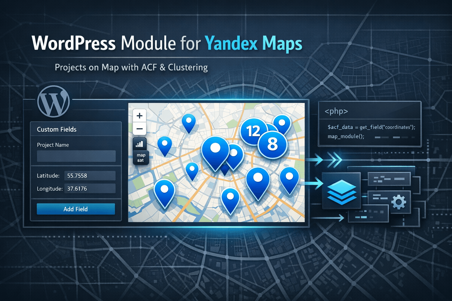 WordPress Module for Yandex Maps: Projects on Map with ACF and Clustering